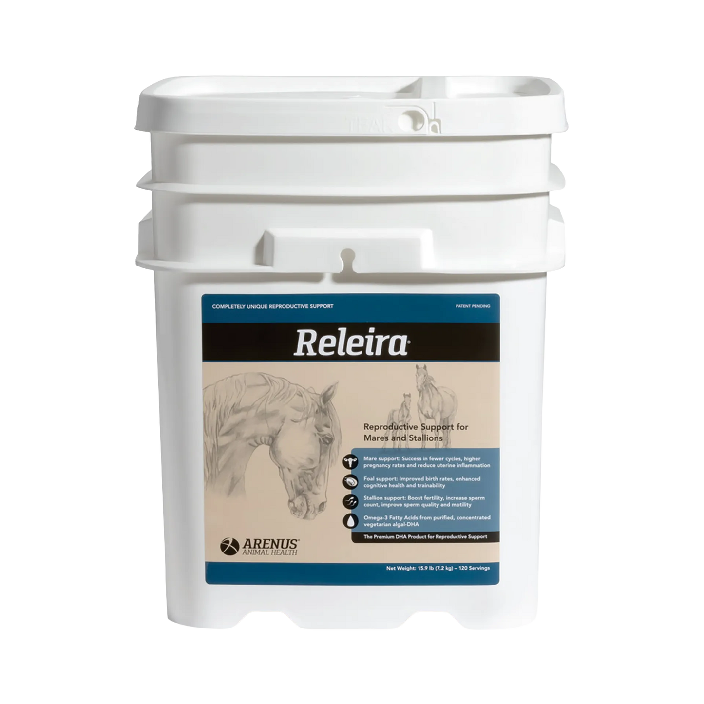 Releira,"White plastic bucket with lid and horse label"