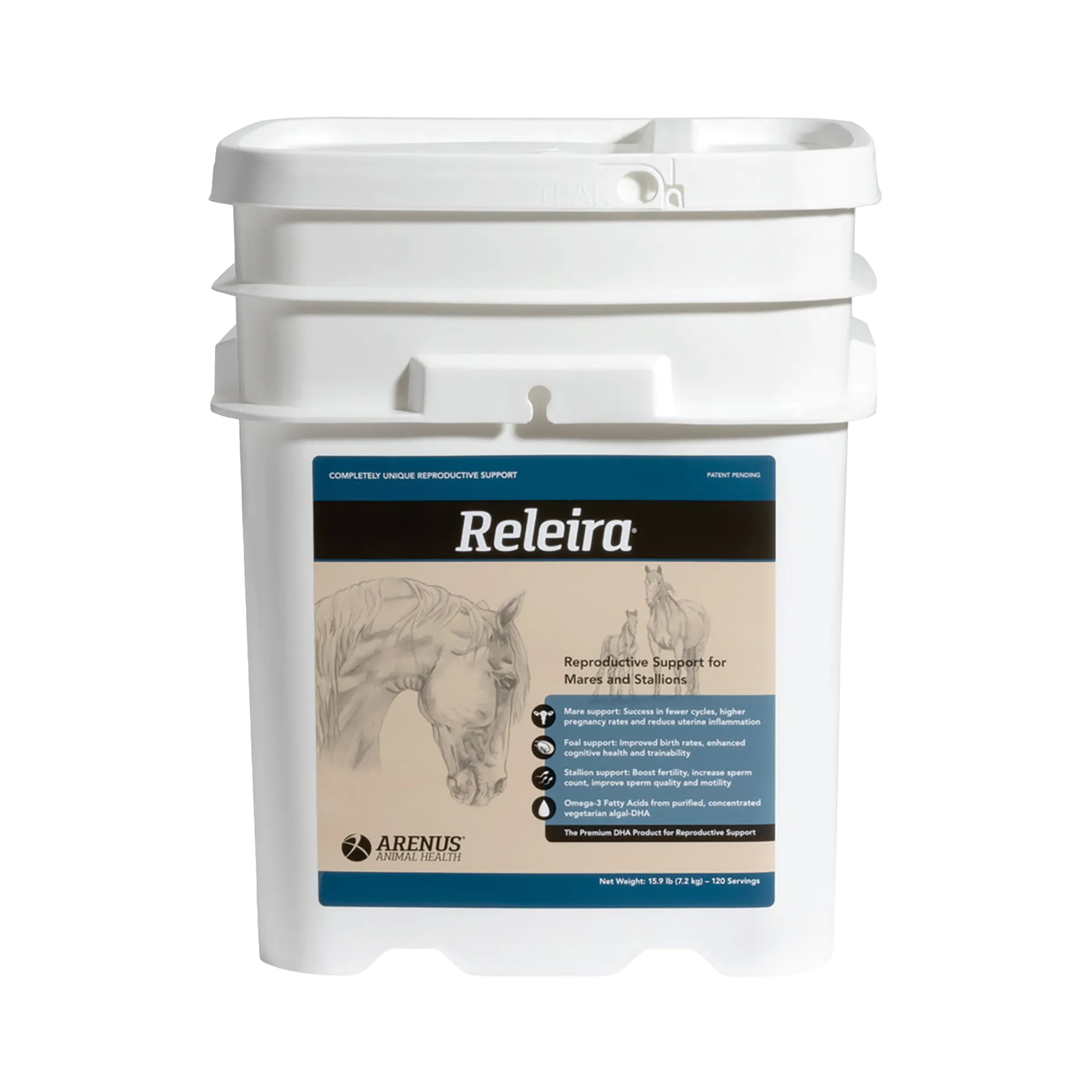 Releira,"White plastic bucket with lid and horse label"