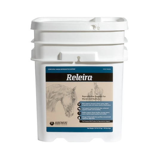 Releira,"White plastic bucket with lid and horse label"