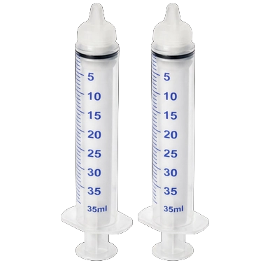 Puppywamer Latchons Syringe Nipple Feeders,"Two clear syringe nipple feeders with measurement markings"