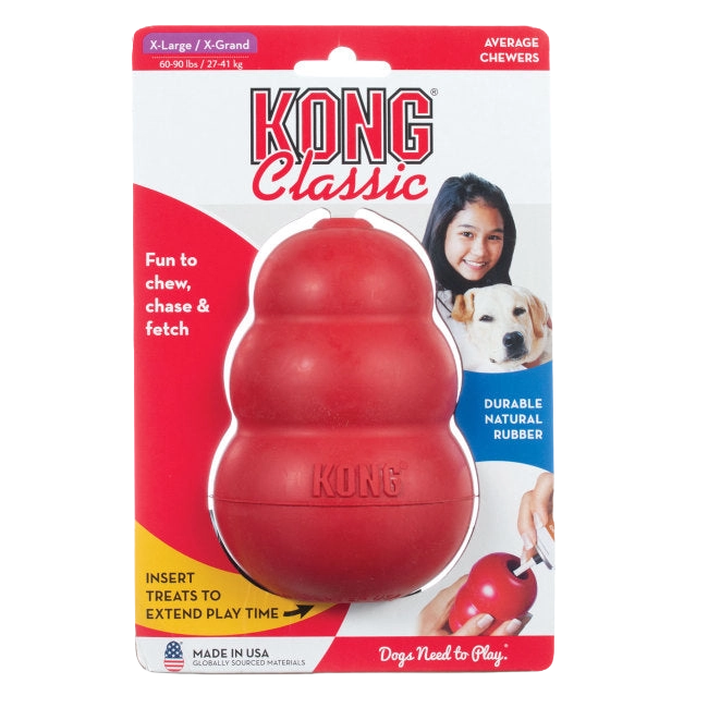 Kong® Classic,"Red rubber dog toy in retail packaging"