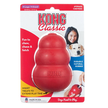 Kong® Classic,"Red rubber dog toy in retail packaging"