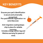BuddyID®  ISO Microchip,"Orange pet ID tag beside clear syringe applicator"