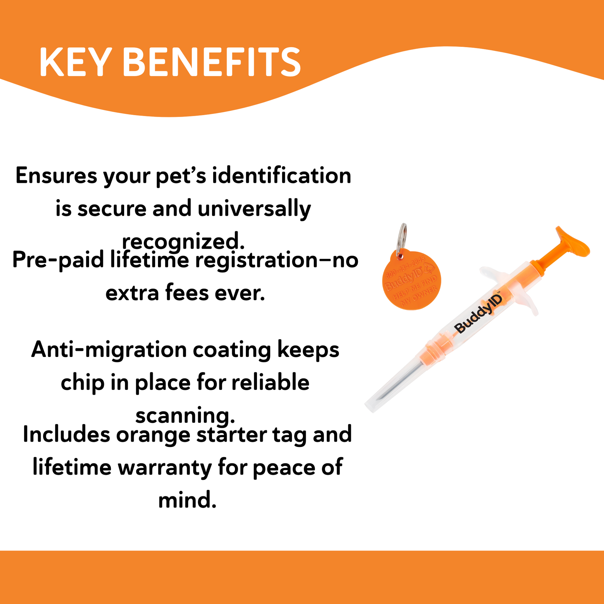 BuddyID®  ISO Microchip,"Orange pet ID tag beside clear syringe applicator"