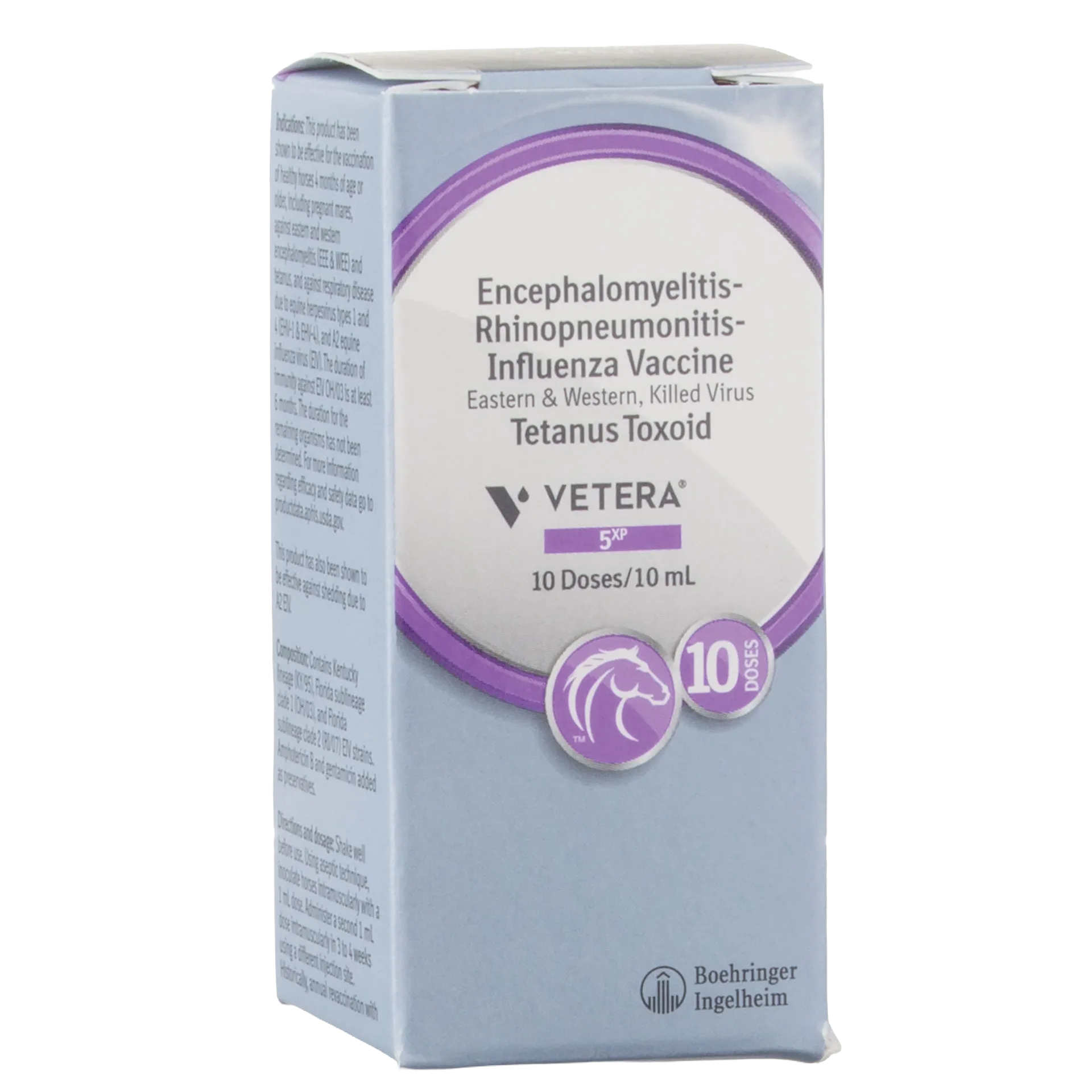 VETERA® 5XP, 10 dose vial,"Front and side view of light blue box with purple circle graphic"