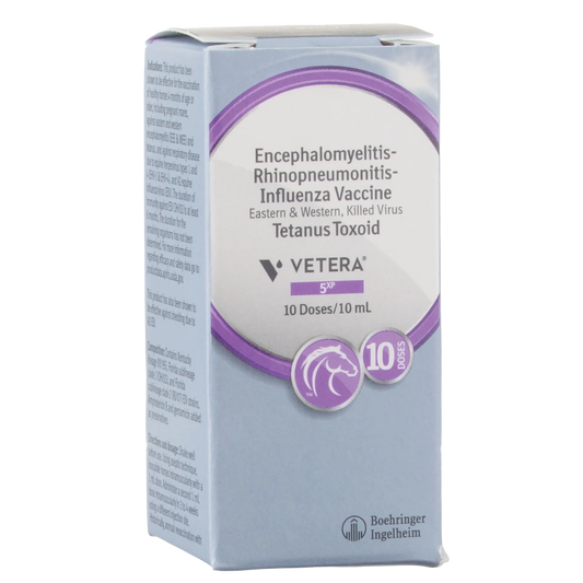 VETERA® 5XP, 10 dose vial,"Front and side view of light blue box with purple circle graphic"