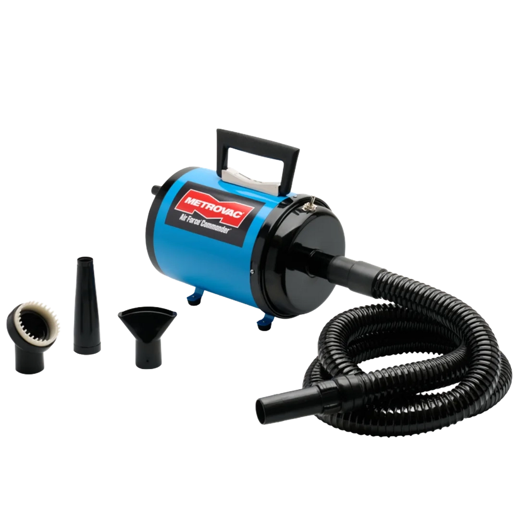 Air Force Commander Two Speed Dryer,"Blue pet dryer with black hose and three nozzle attachments"