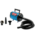 Air Force Commander Two Speed Dryer,"Blue pet dryer with black hose and three nozzle attachments"
