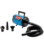 Air Force Commander Two Speed Dryer,"Blue pet dryer with black hose and three nozzle attachments"