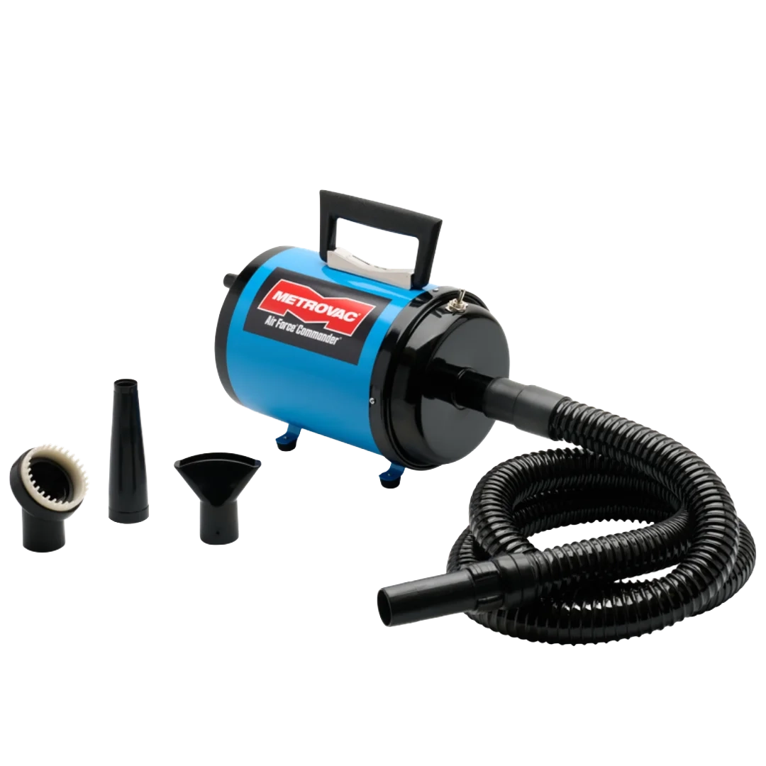 Air Force Commander Two Speed Dryer,"Blue pet dryer with black hose and three nozzle attachments"