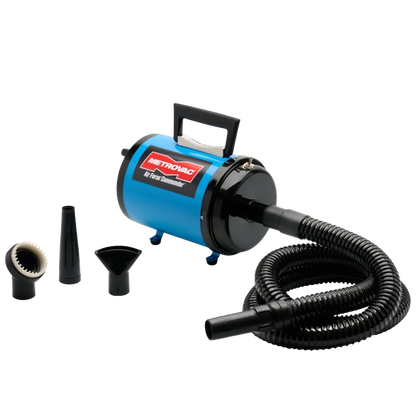 Air Force Commander Two Speed Dryer,"Blue pet dryer with black hose and three nozzle attachments"
