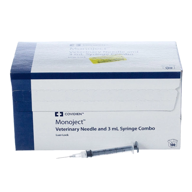 3cc MonoJect™ Syringes with 22 gauge Needles,"Box with syringe and needle combo and syringe image"