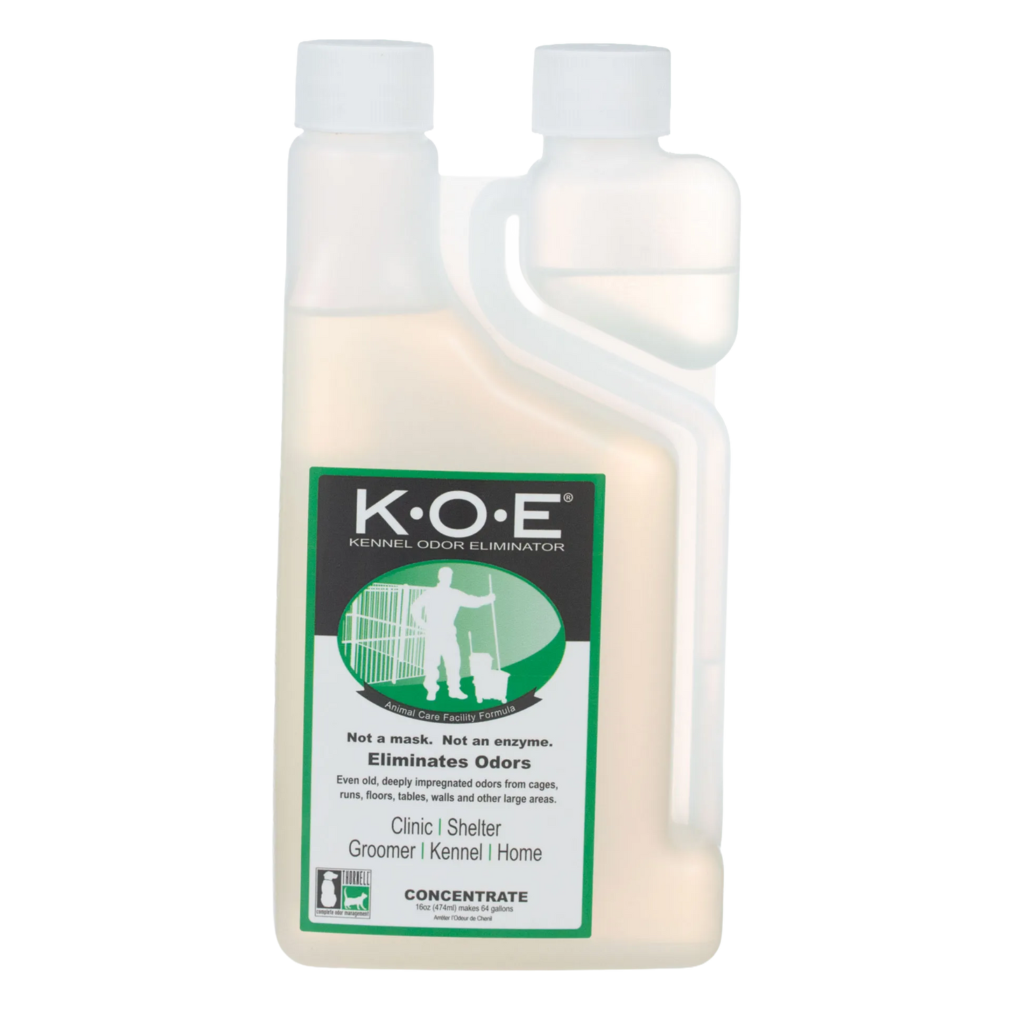 KOE® Kennel Odor Eliminator,"Front view of gallon bottle with handle and screw cap"