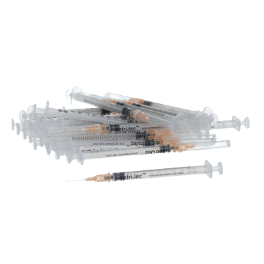 1cc VetriJec™ Syringes with 25 gauge Needles,"Pile of clear syringes with orange needle caps"