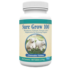 Sure Grow 100™,"Plastic supplement bottle with white cap and puppy image label"