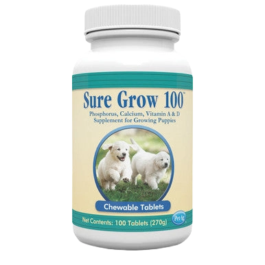 Sure Grow 100™,"Plastic supplement bottle with white cap and puppy image label"
