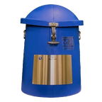 Protective Shipping Carton - Doble 34,"Blue cylindrical shipping carton with domed lid and metal latch"