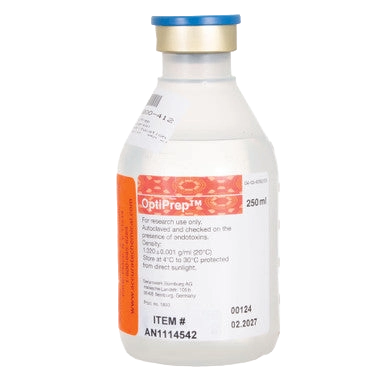 OptiPrep Universal Centrifucation Cushion,"Glass reagent bottle with blue cap and front label"