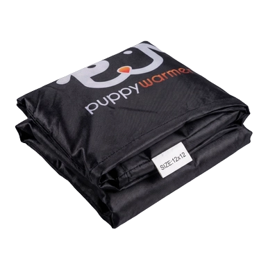 Puppywarmer Cover,"Folded black cover with logo and size tag"