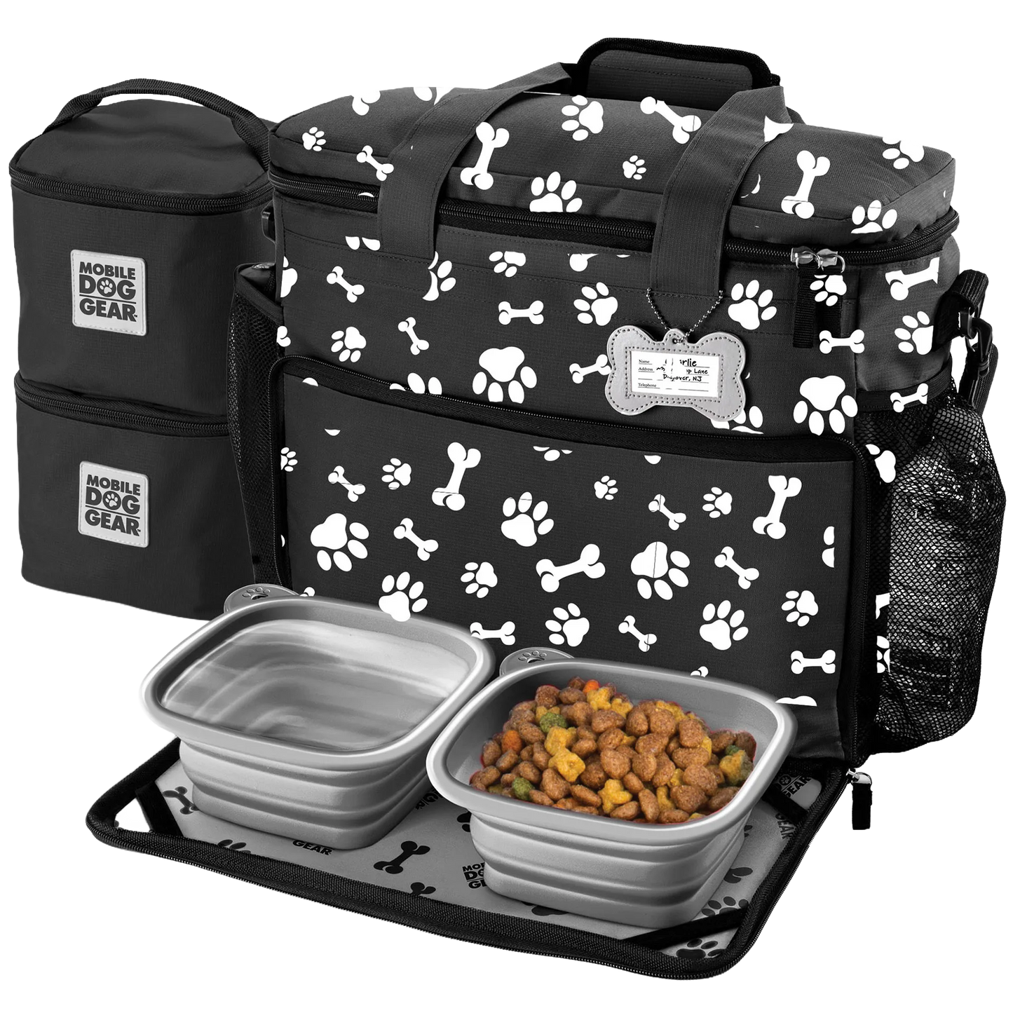 Week Away® Tote Bag,"Black tote bag with paw print, food containers, and collapsible bowls"