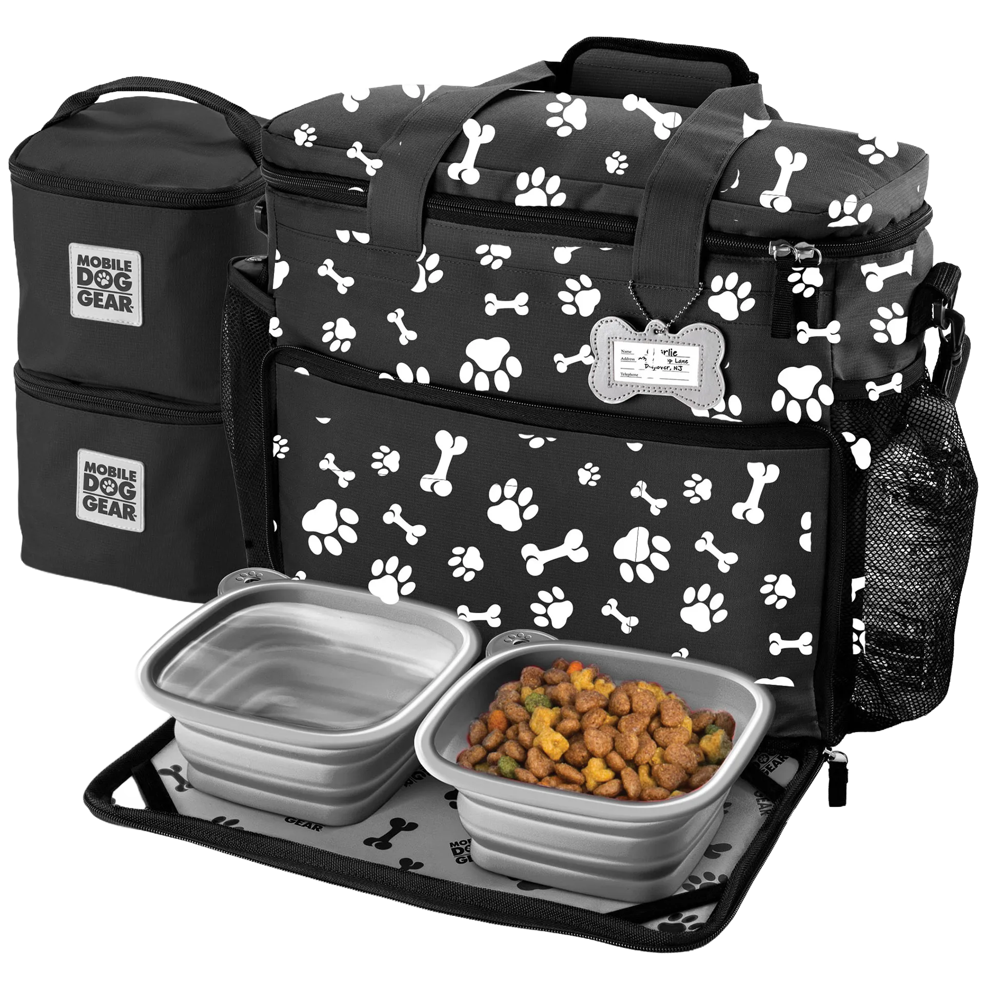 Week Away® Tote Bag,"Black tote bag with paw print, food containers, and collapsible bowls"