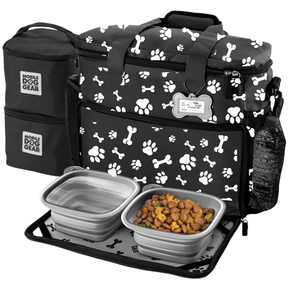 Week Away® Tote Bag,"Black tote bag with paw print, food containers, and collapsible bowls"
