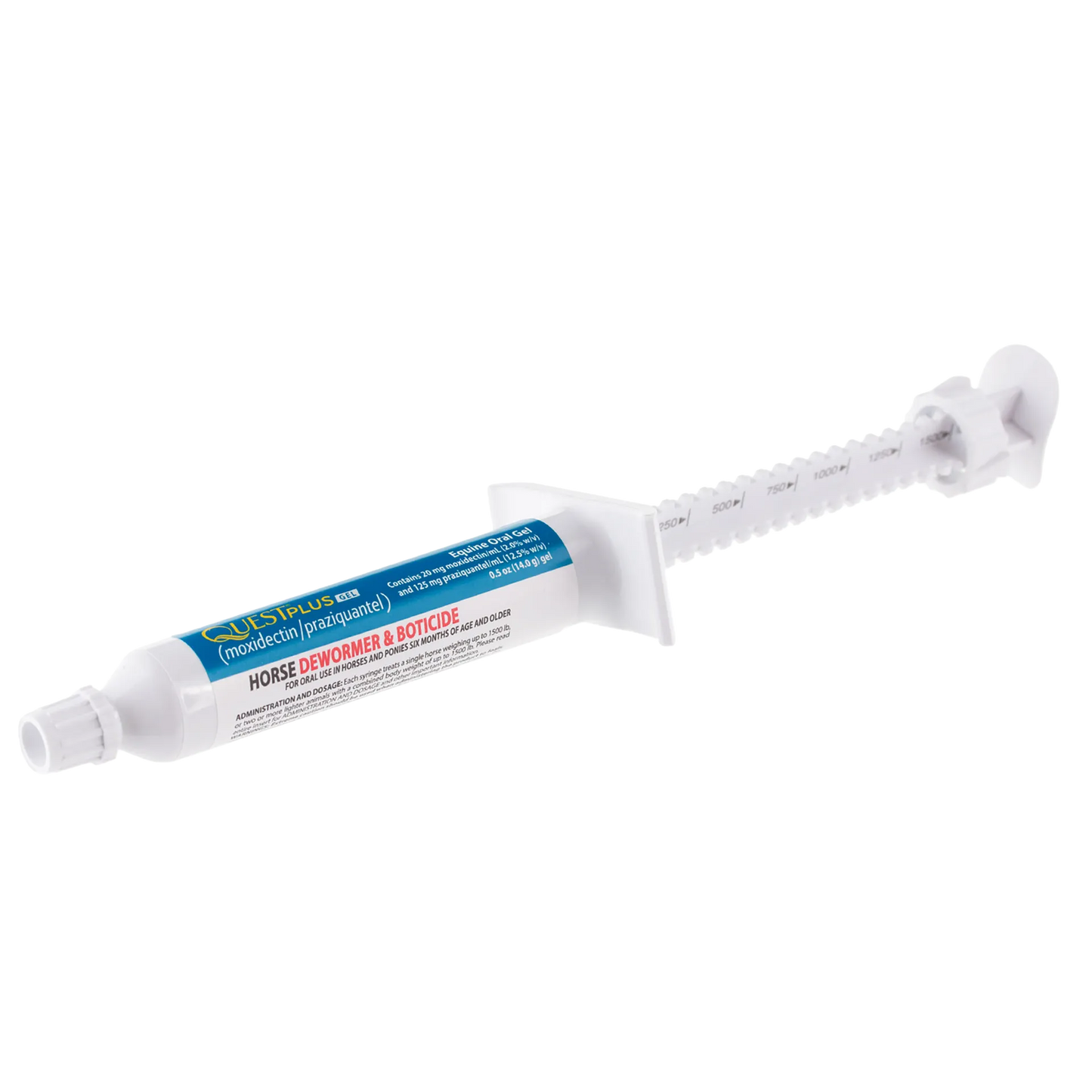Quest® Plus Equine Oral Gel,"White oral gel syringe with plunger and dosing marks"