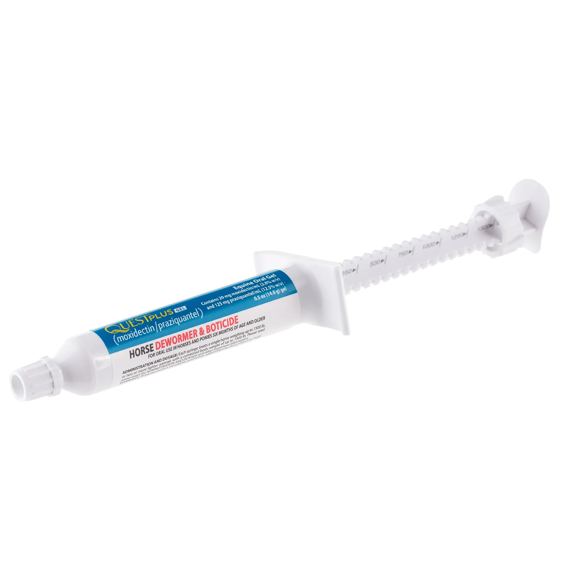 Quest® Plus Equine Oral Gel,"White oral gel syringe with plunger and dosing marks"