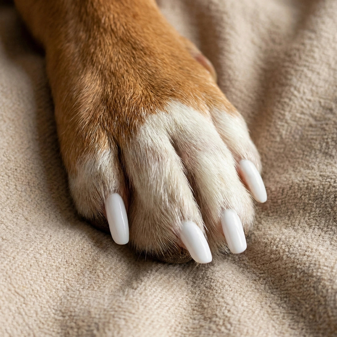 Non-toxic Nail Polish,"Dog paw with glossy white painted nails"
