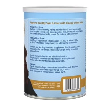 PetAg Esbilac Healthy Aging Powder for Adult and Senior Dogs,"Back view of pet food powder canister label"