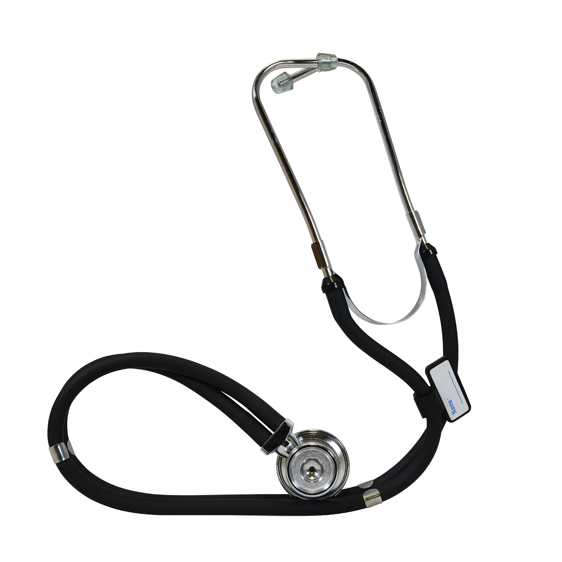 Sprague Rappaport Stethoscope,"Black stethoscope with silver chestpiece and metal binaurals"