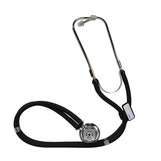 Sprague Rappaport Stethoscope,"Black stethoscope with silver chestpiece and metal binaurals"