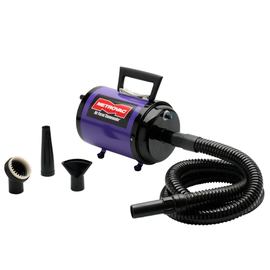 Air Force Commander Variable Speed Dryer,"Purple dryer with coiled hose and three nozzle attachments"