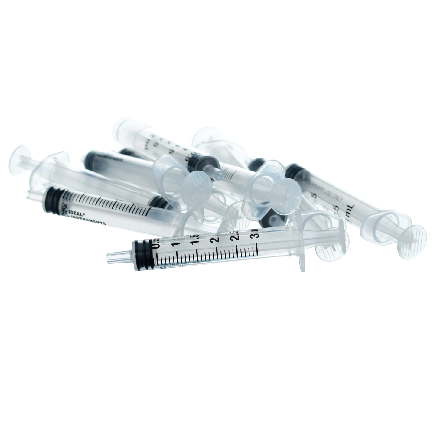 Small Syringes without Needles,"Clear plastic syringes with black plunger seals"