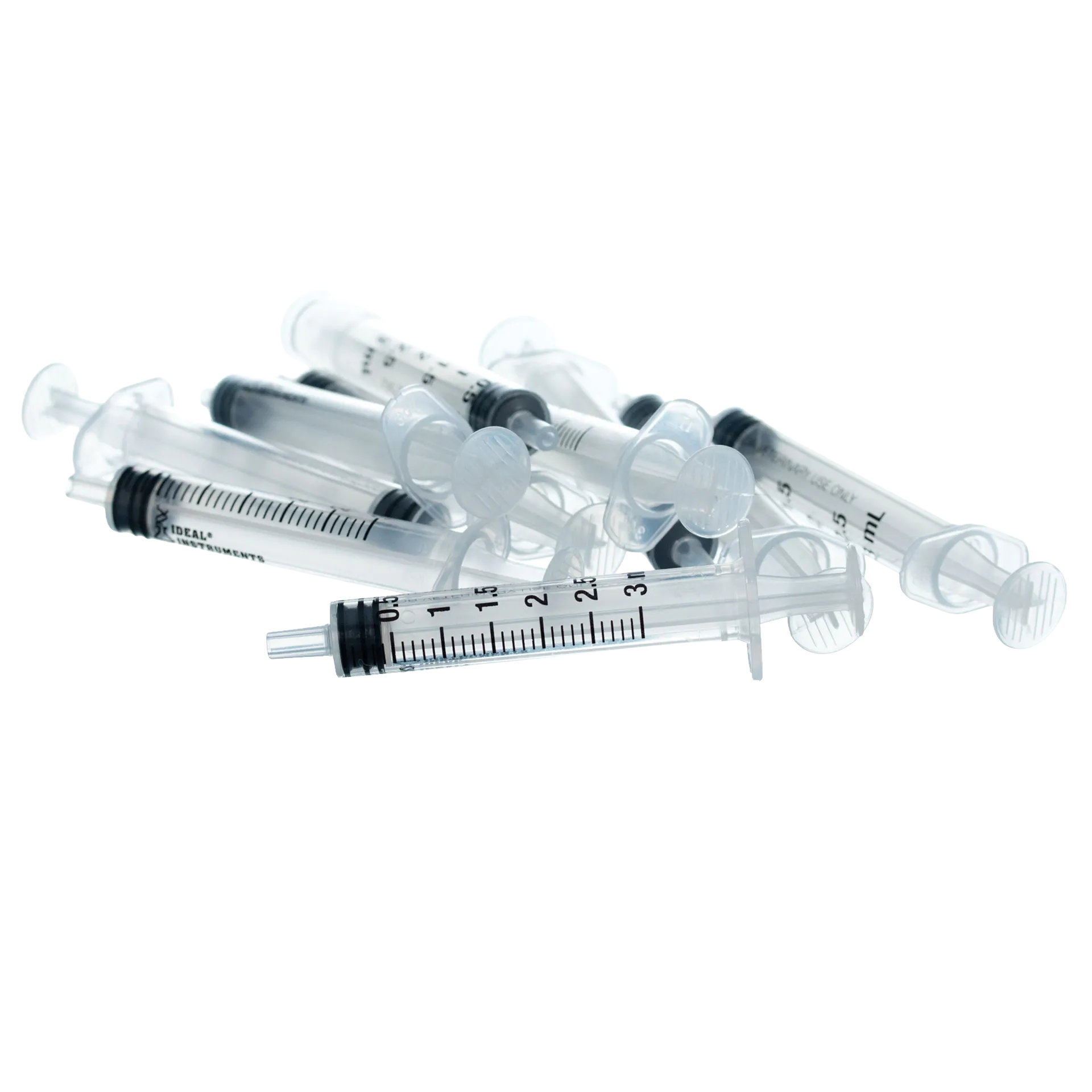Small Syringes without Needles,"Clear plastic syringes with black plunger seals"