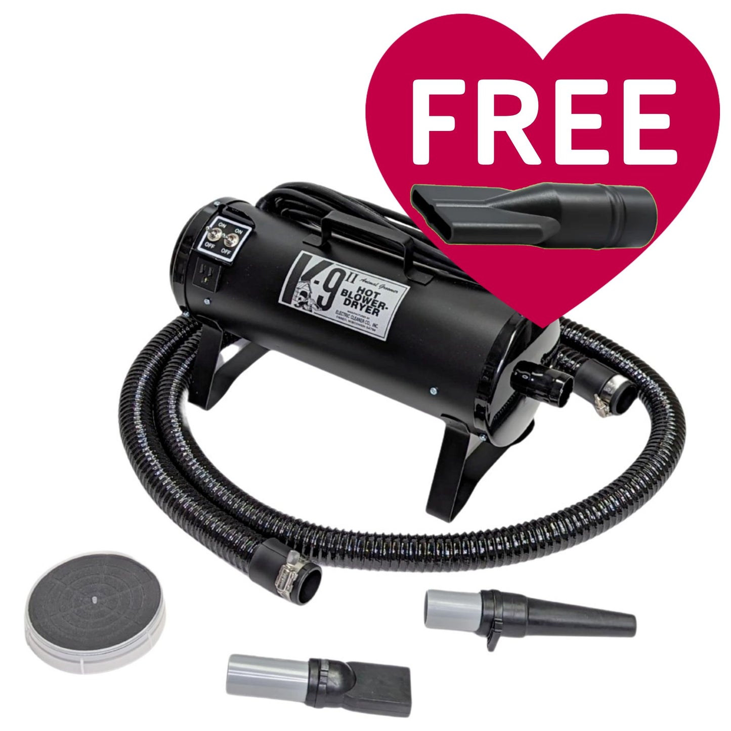 K-9 II Dog Dryer With FREE Water Peeler,"Black dog dryer with hose, two nozzles, and water peeler"