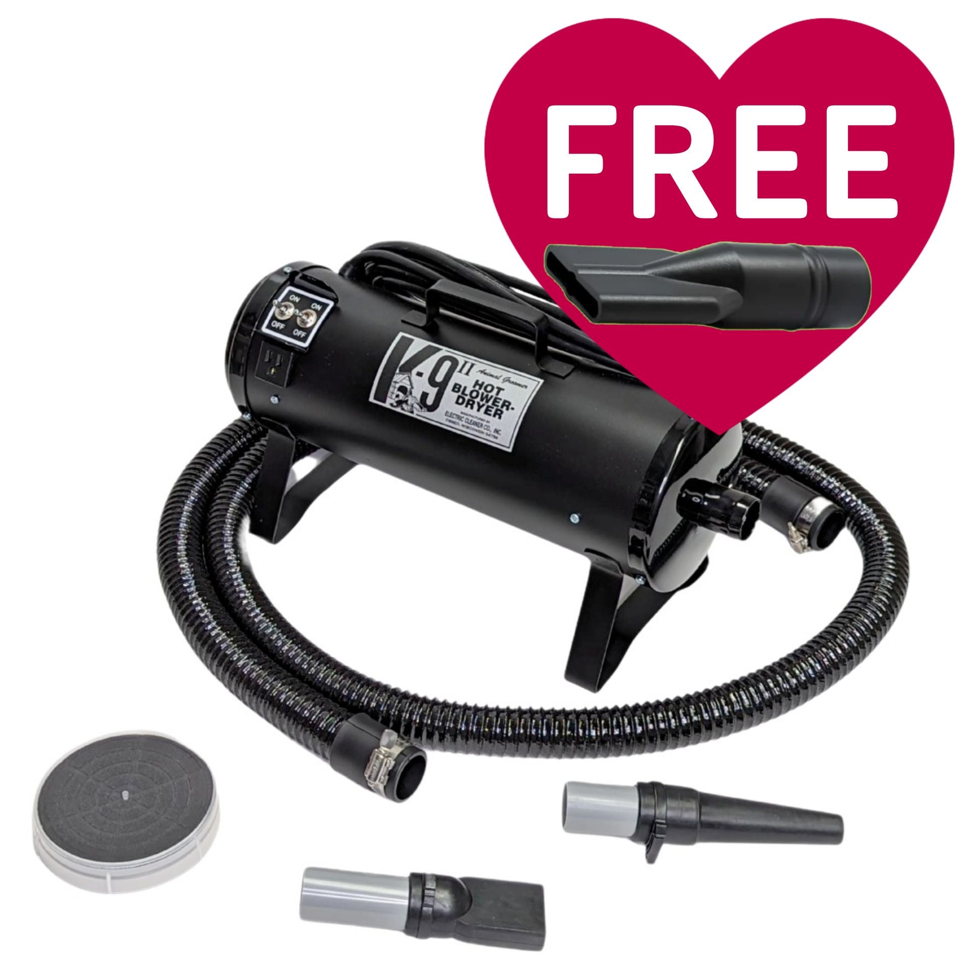 K-9 II Dog Dryer With FREE Water Peeler,"Black dog dryer with hose, two nozzles, and water peeler"