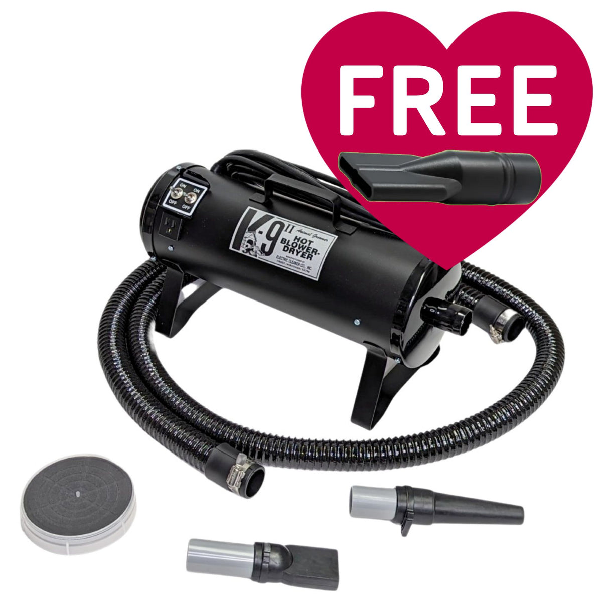 K-9 II Dog Dryer With FREE Water Peeler,"Black dog dryer with hose, two nozzles, and water peeler"