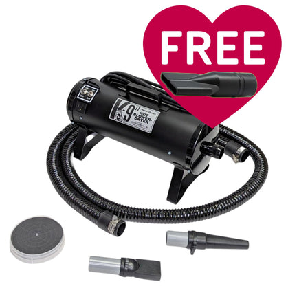 K-9 II Dog Dryer With FREE Water Peeler,"Black dog dryer with hose, two nozzles, and water peeler"