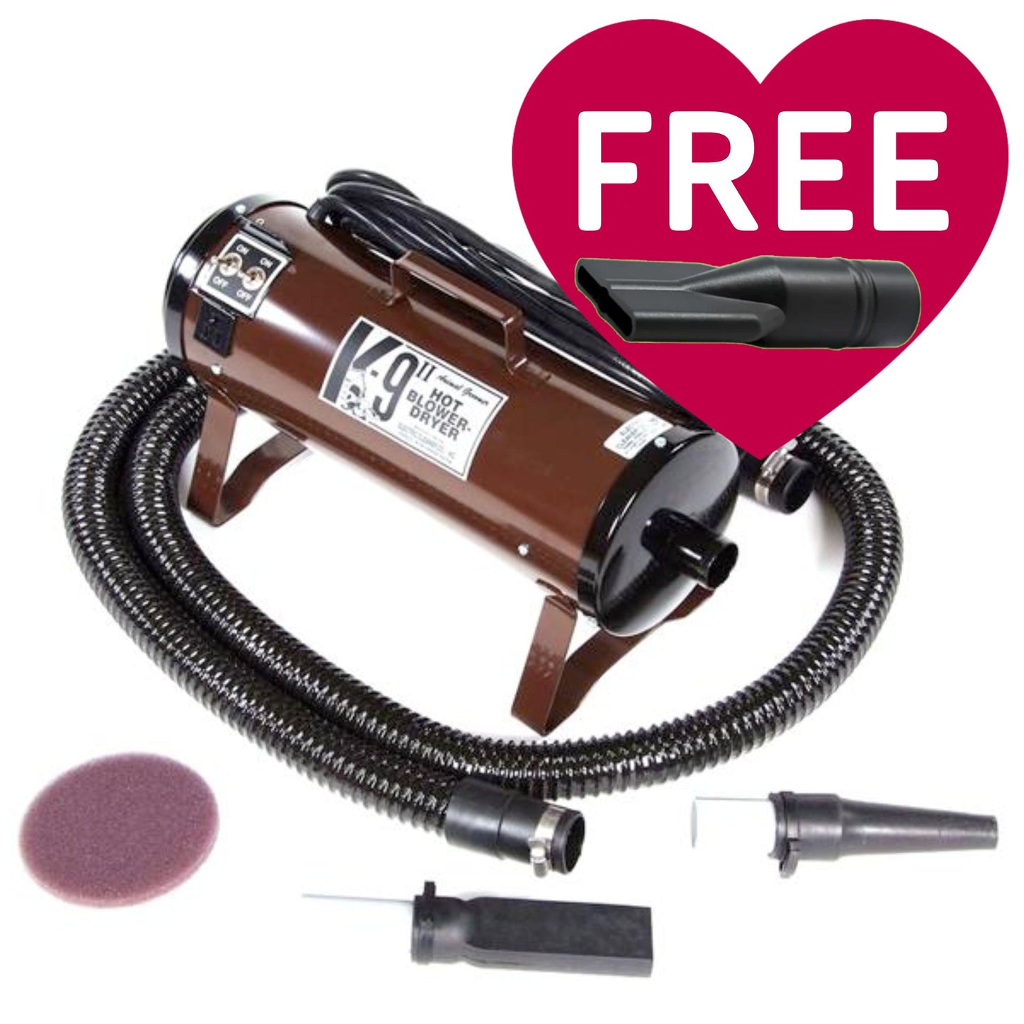 K-9 II Dog Dryer With FREE Water Peeler,"Brown dog dryer with hose and assorted nozzle attachments"
