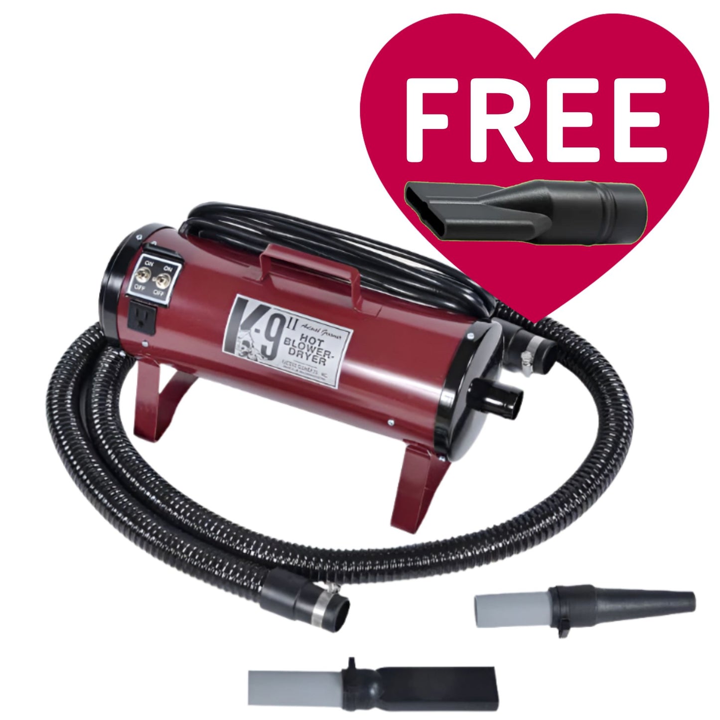 K-9 II Dog Dryer With FREE Water Peeler,"Red dog dryer with hose and three nozzle attachments"