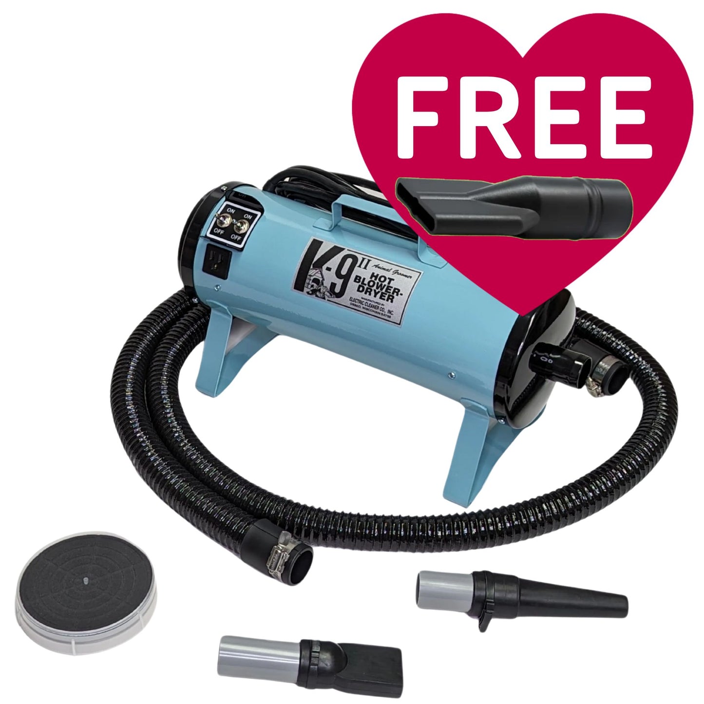 K-9 II Dog Dryer With FREE Water Peeler,"Blue dog dryer with hose, nozzles, and water peeler attachment"