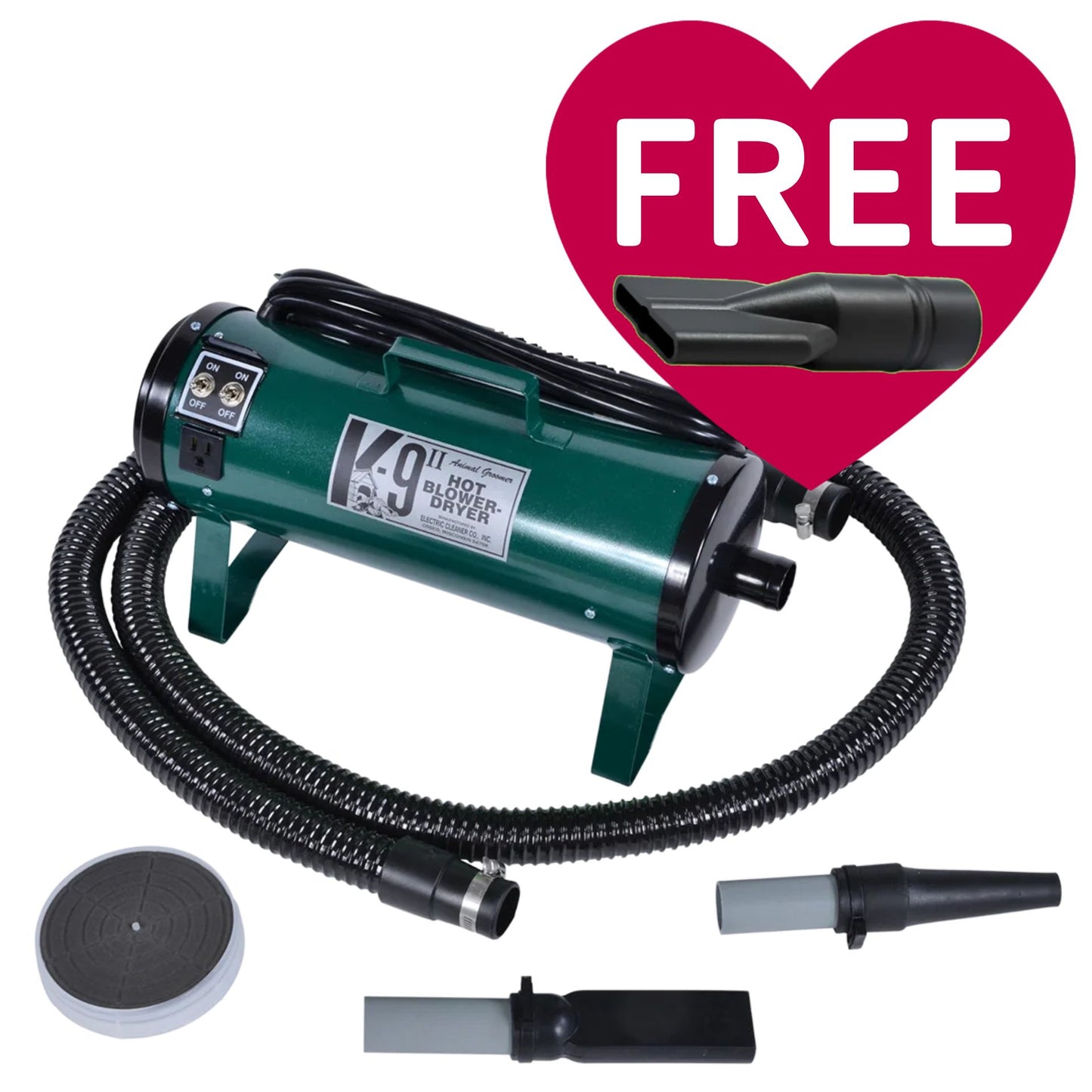 K-9 II Dog Dryer With FREE Water Peeler,"Green dog dryer with hose and nozzle attachments"