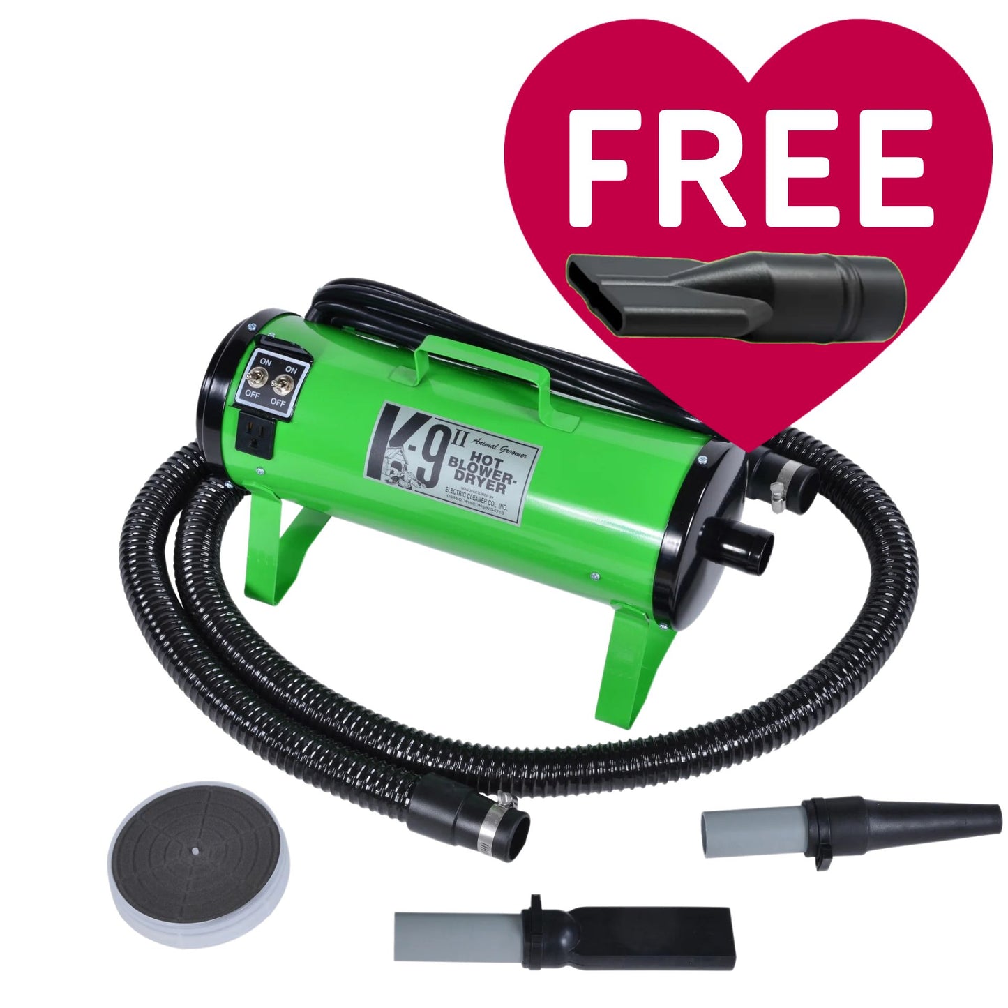 K-9 II Dog Dryer With FREE Water Peeler,"Green dog dryer with black hose, nozzles, and water peeler attachment"