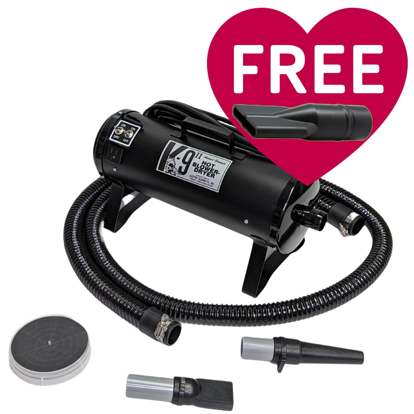 K-9 II Dog Dryer With FREE Water Peeler,"Black dog dryer with hose, nozzles, and water peeler attachment"