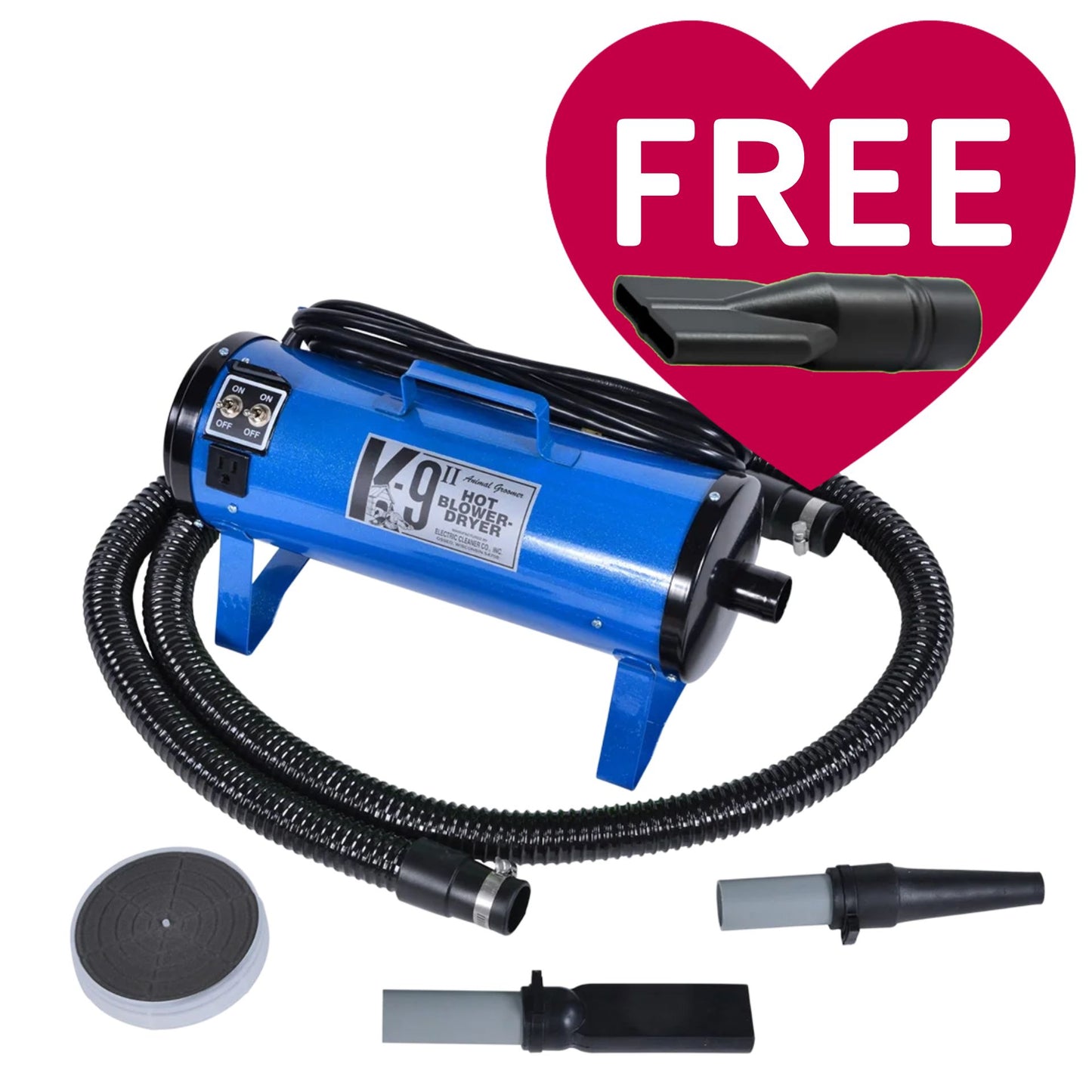 K-9 II Dog Dryer With FREE Water Peeler,"Blue dog dryer with hose, nozzles, and water peeler attachment"
