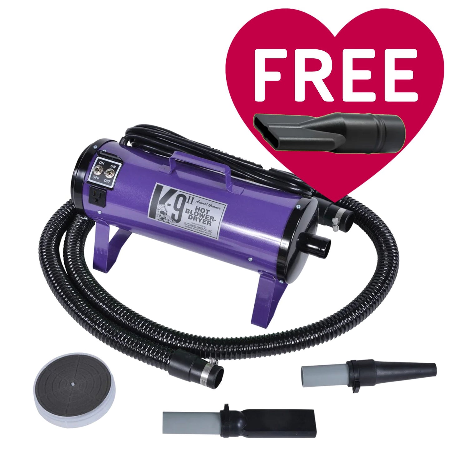 K-9 II Dog Dryer With FREE Water Peeler,"Purple dog dryer with hose and nozzle attachments"