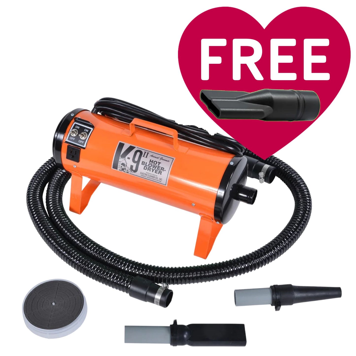 K-9 II Dog Dryer With FREE Water Peeler,"Orange pet dryer with hose, two nozzles, and round attachment"