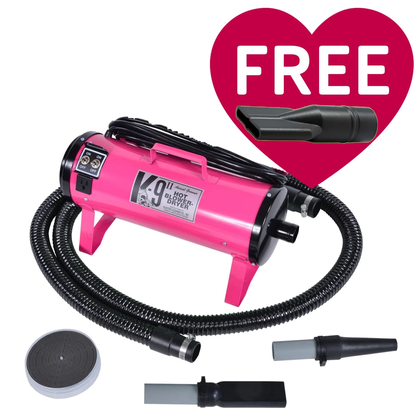 K-9 II Dog Dryer With FREE Water Peeler,"Pink dog dryer with hose, nozzles, and water peeler attachment"