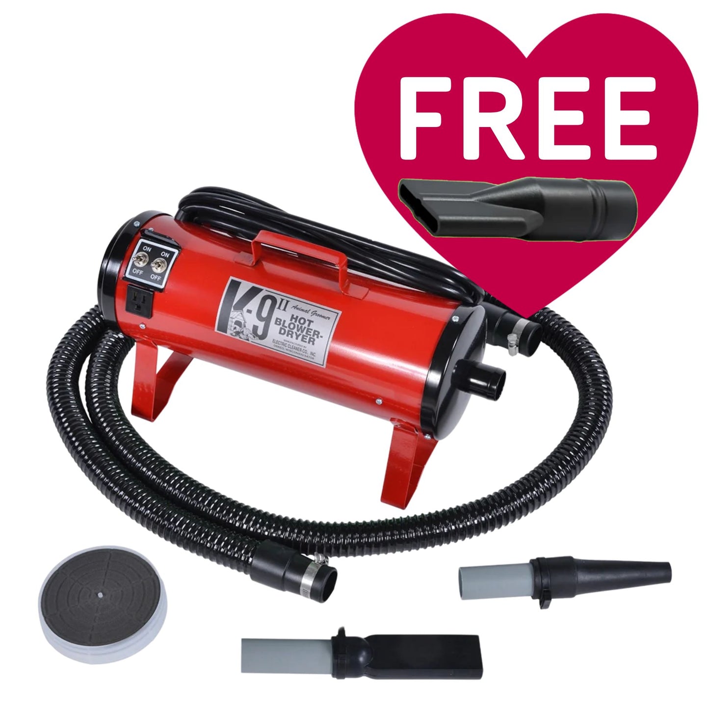 K-9 II Dog Dryer With FREE Water Peeler,"Red dog dryer with hose and nozzle attachments"
